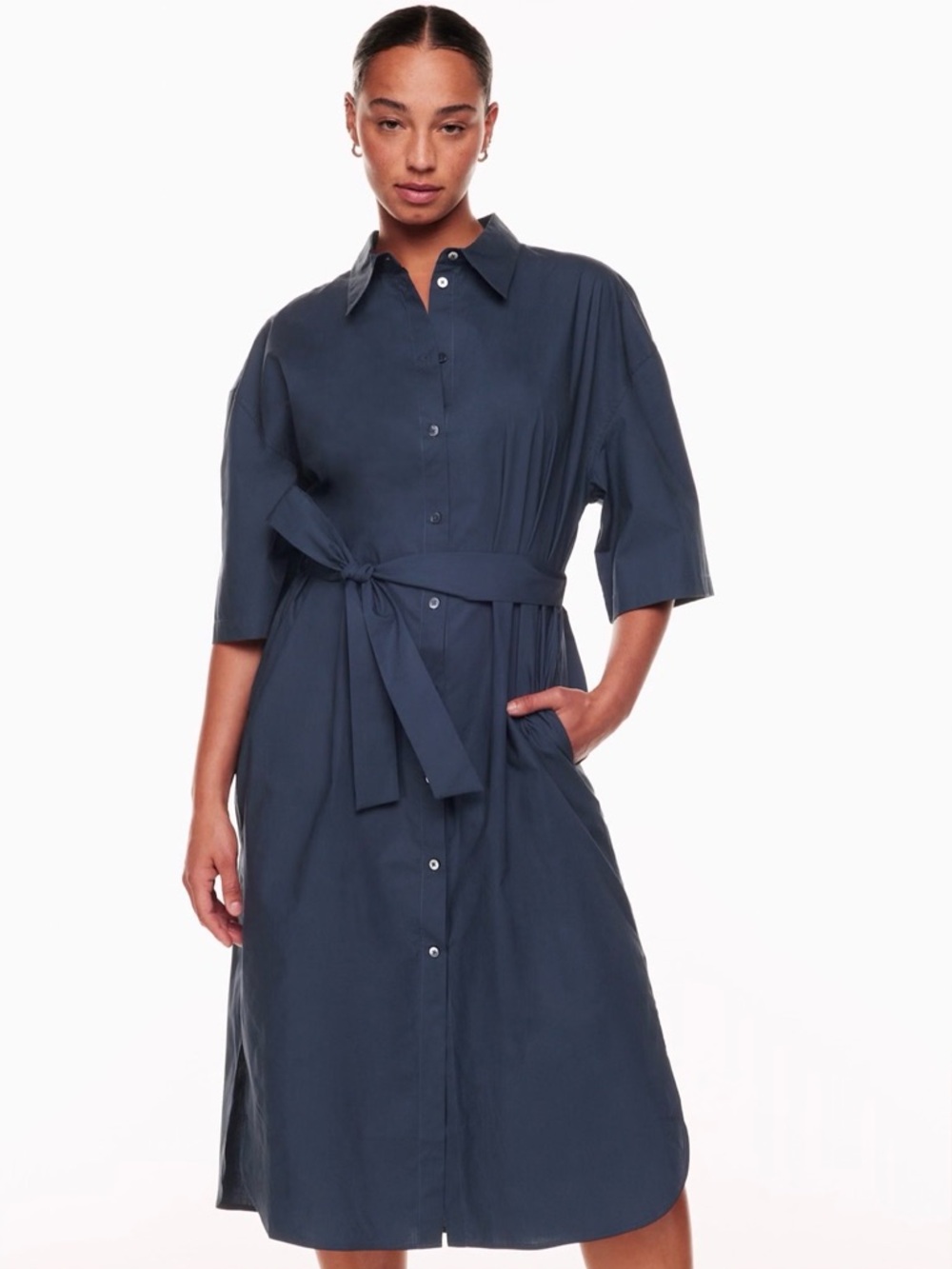 NEW Aritzia BABATON Carnaby Shirt Dress Poplin Button-Up Tie Belt Navy Sz M NWT
